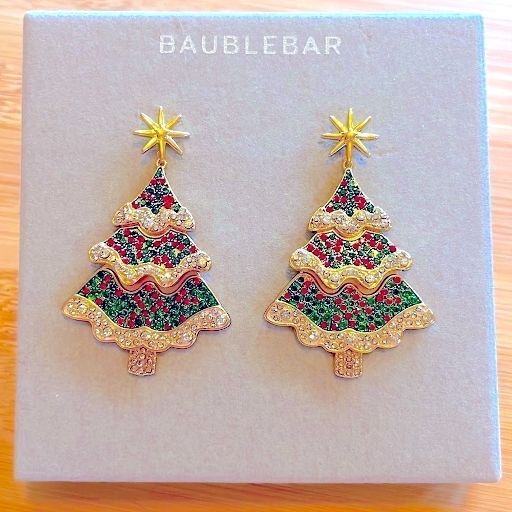 Brand New BaubleBar Christmas Tree Drop Earrings Red & Green Crystal Rhinestones